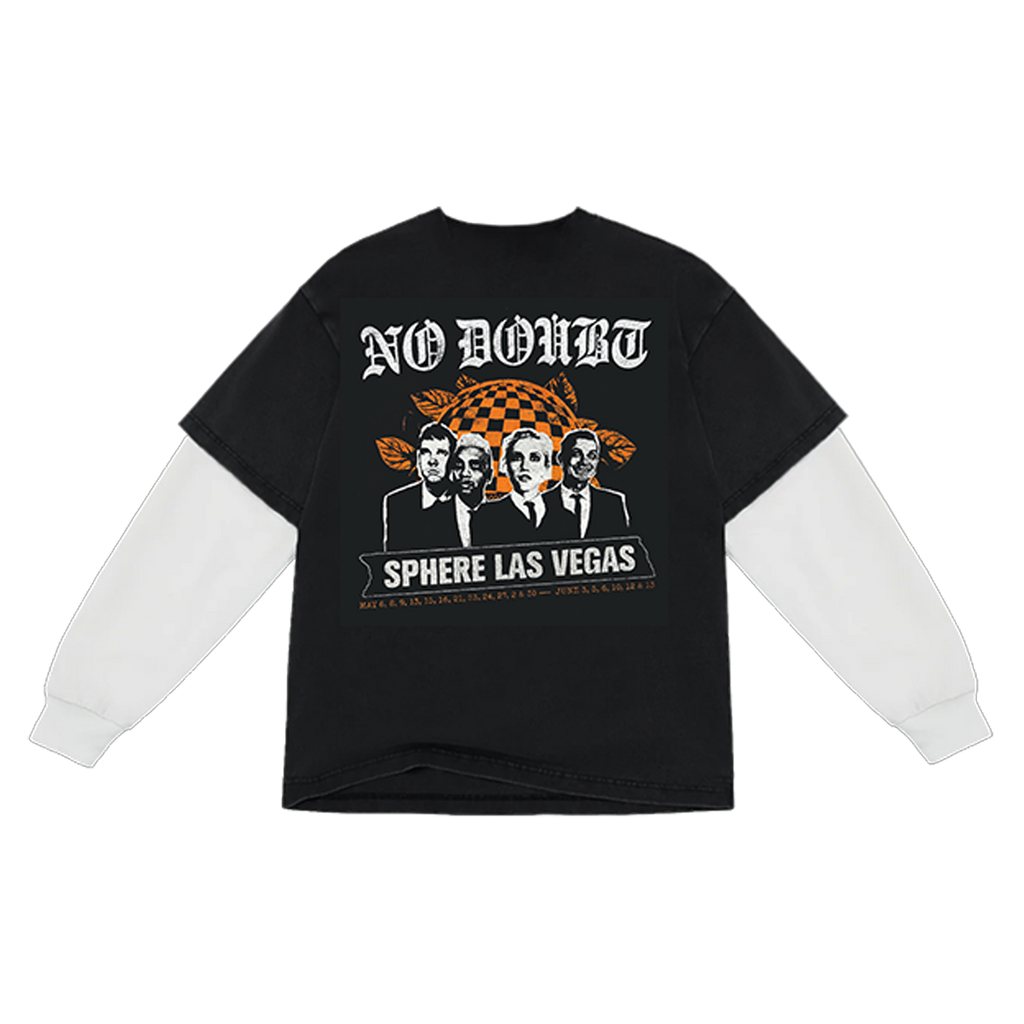 Black unisex long sleeve tee features white long sleeve under layer, and No Doubt Sphere Las Vegas art on back.