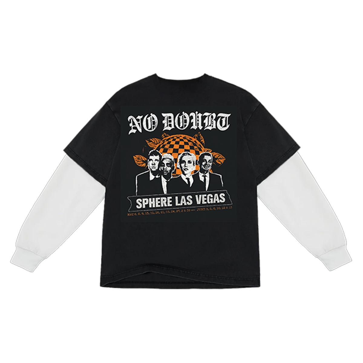 Black unisex long sleeve tee features white long sleeve under layer, and No Doubt Sphere Las Vegas art on back.