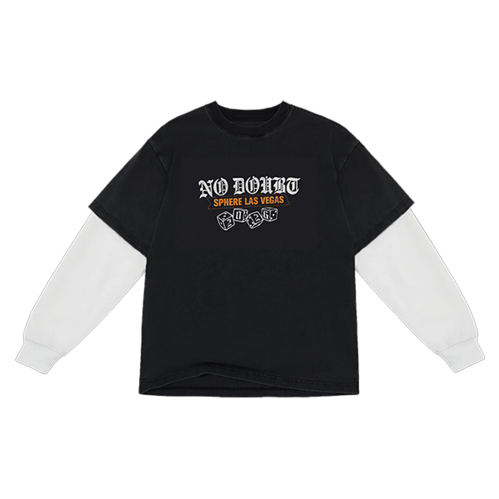 Black unisex long sleeve tee features white long sleeve under layer, No Doubt logo and Sphere art on front.
