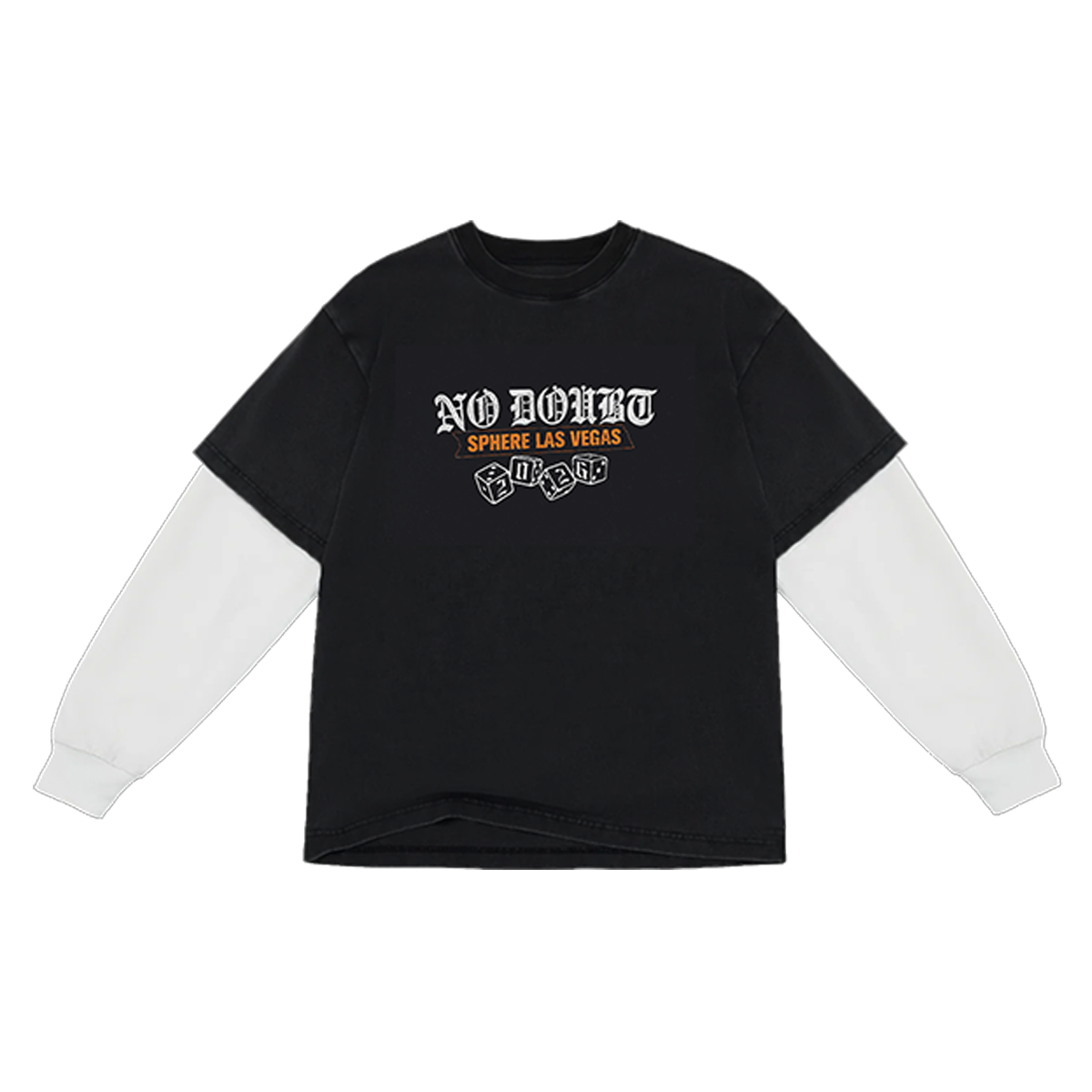 Black unisex long sleeve tee features white long sleeve under layer, No Doubt logo and Sphere art on front.