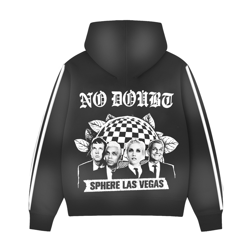 Black unisex track jacket features No Doubt Sphere Las Vegas art on back.