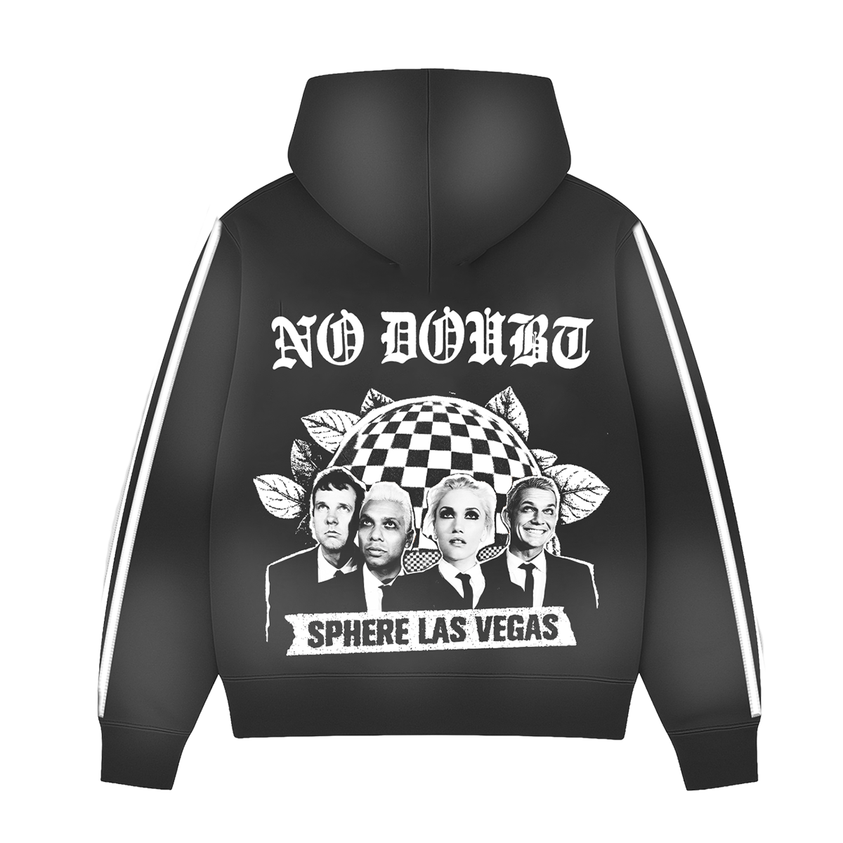 Black unisex track jacket features No Doubt Sphere Las Vegas art on back.