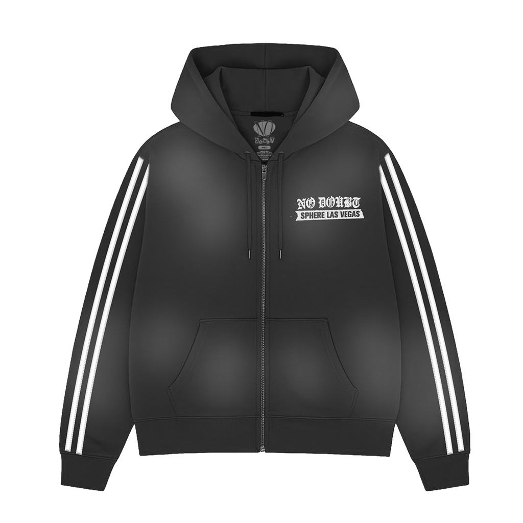 Black unisex track jacket feature No Doubt Sphere Las Vegas logo art on front left chest, with two white stripes down each arm.