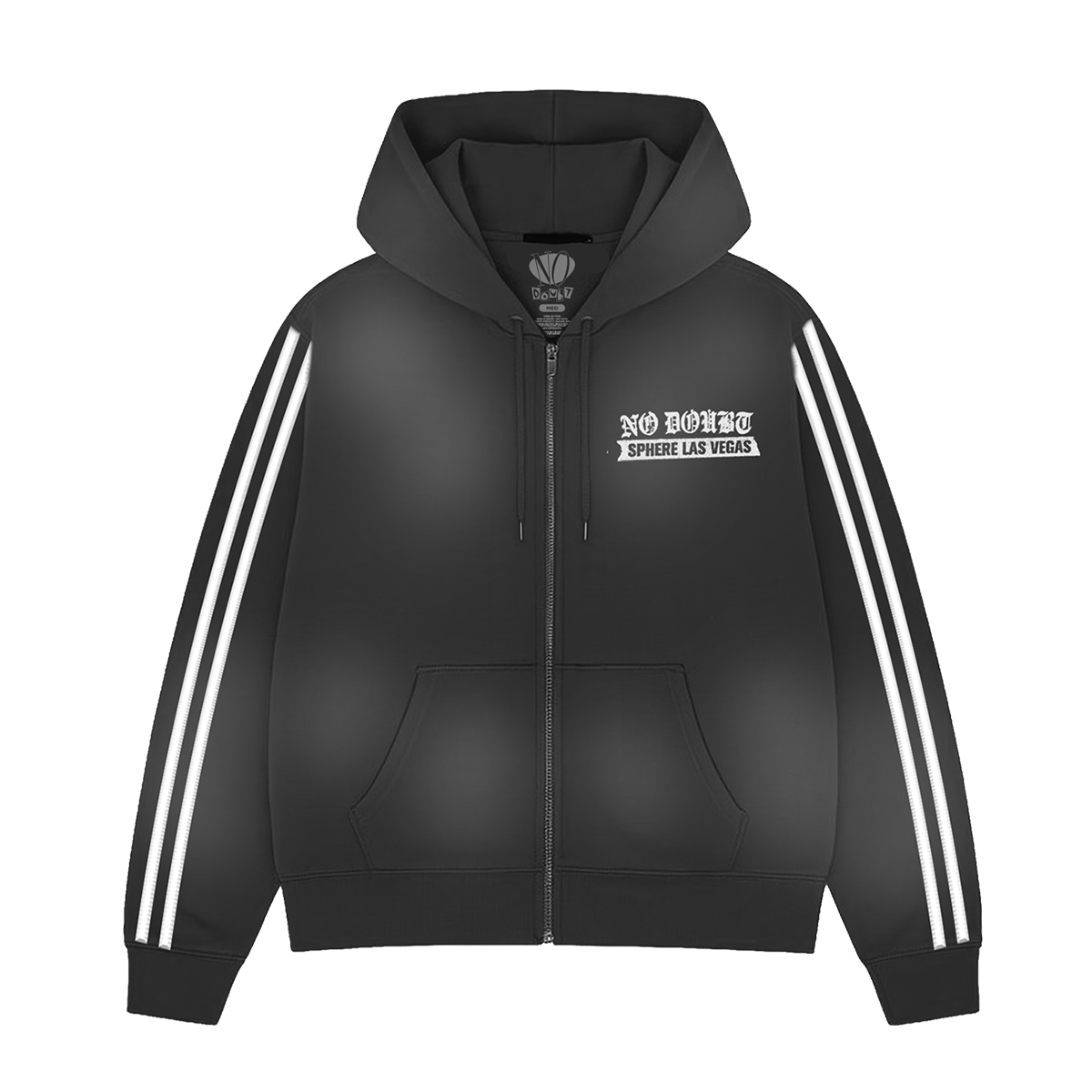 Black unisex track jacket feature No Doubt Sphere Las Vegas logo art on front left chest, with two white stripes down each arm.
