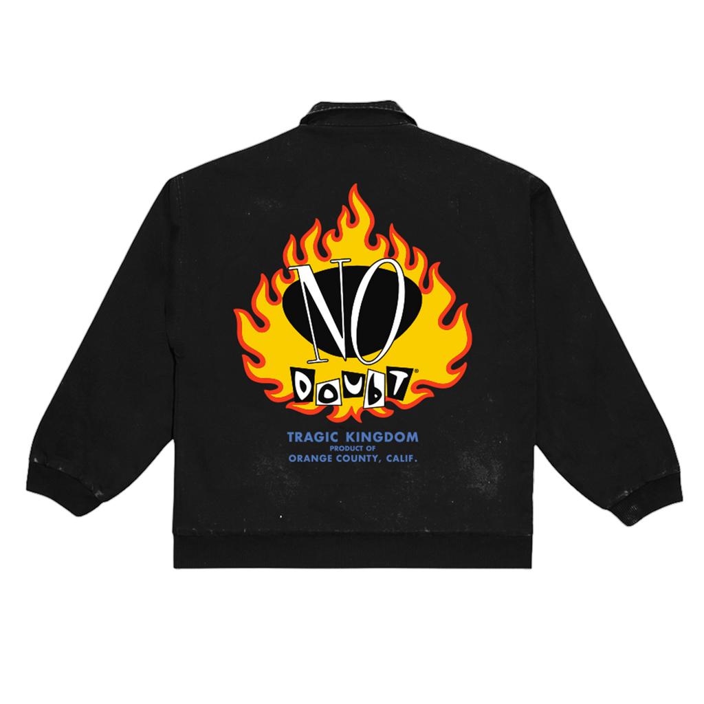 Black jacket with 'No Doubt' logo featuring flames on the center back