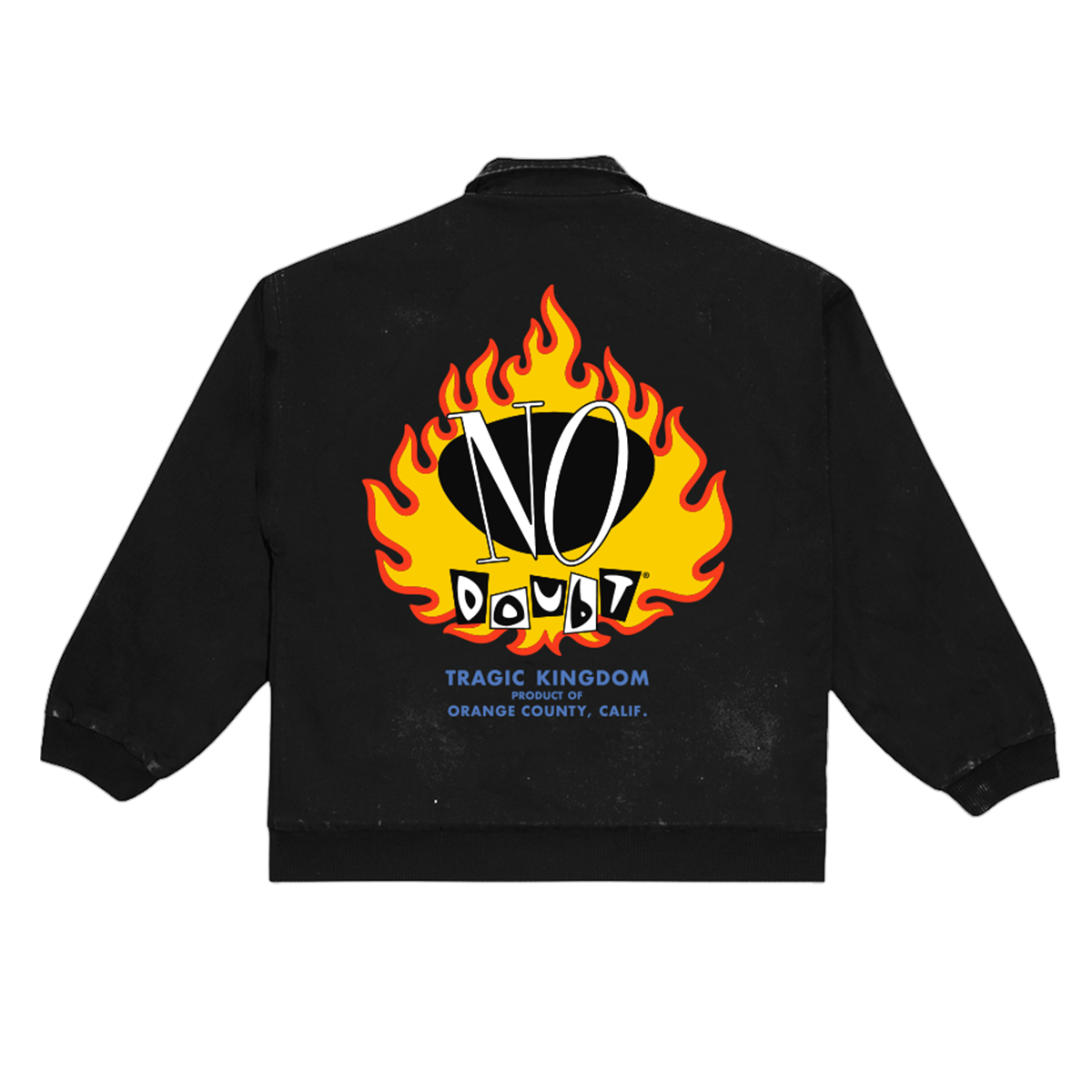 Black jacket with 'No Doubt' logo featuring flames on the center back
