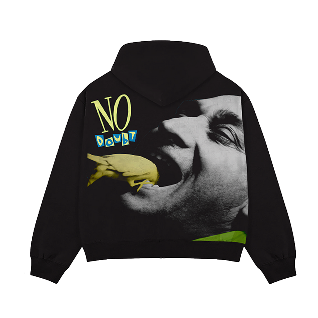 Black unisex zip hoodie features Beacon Street Album art printed across entire back.