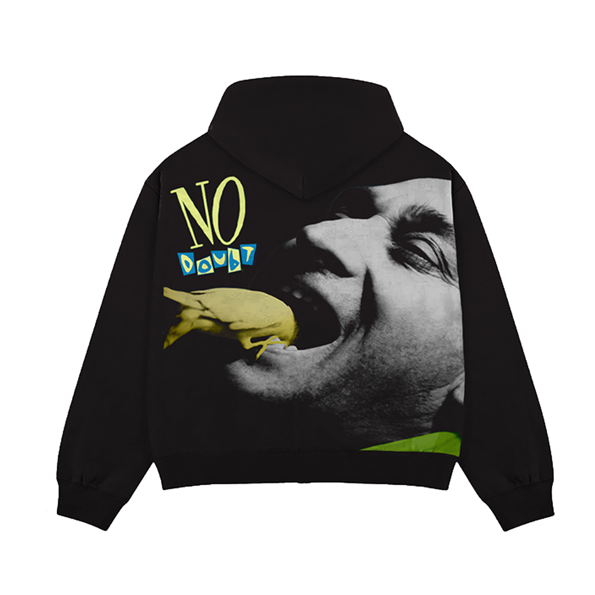 Black unisex zip hoodie features Beacon Street Album art printed across entire back.