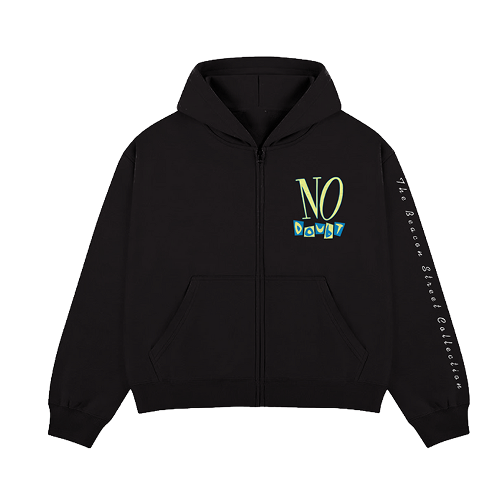 Black unisex zip hoodie features No Doubt logo art printed on front left chest.