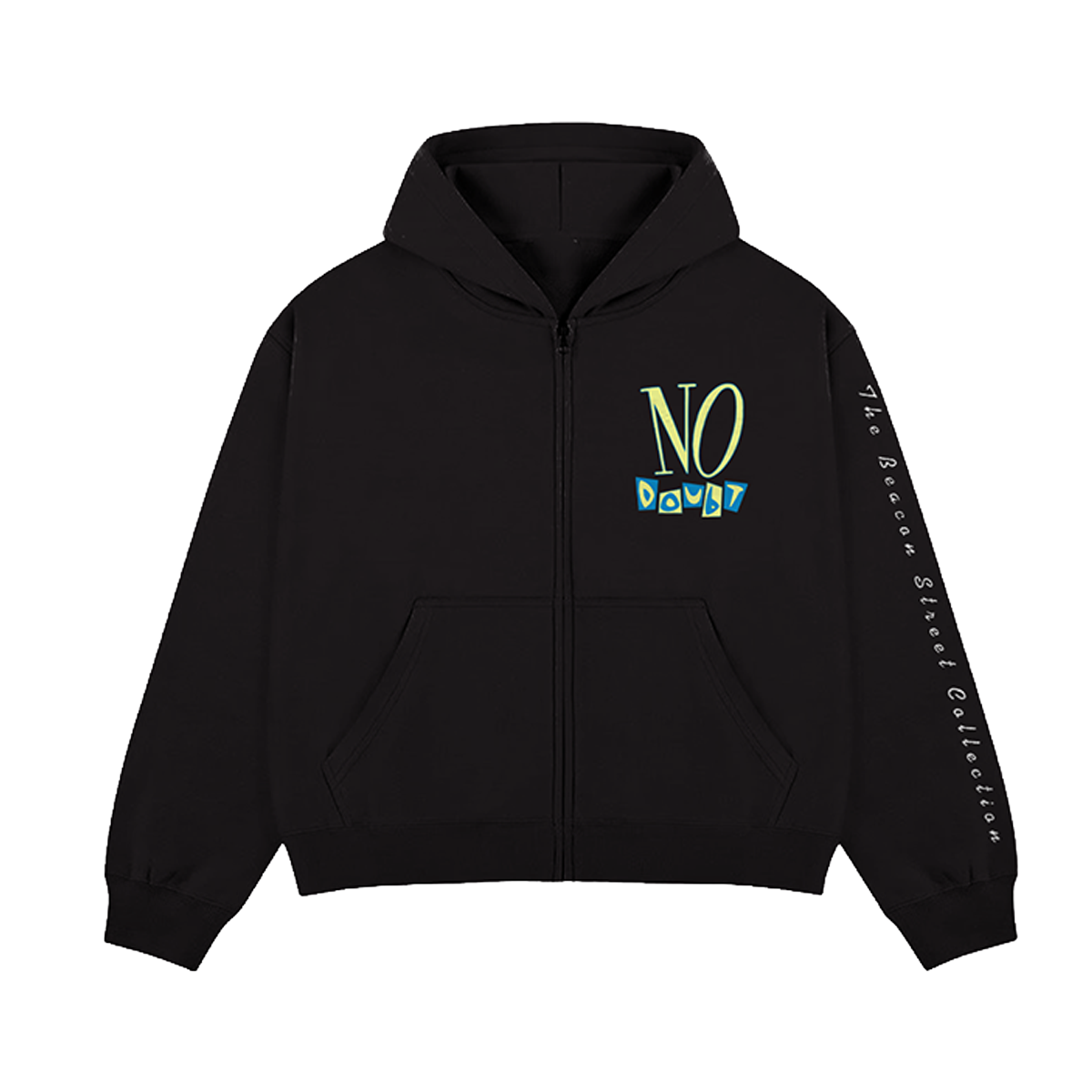 Black unisex zip hoodie features No Doubt logo art printed on front left chest.