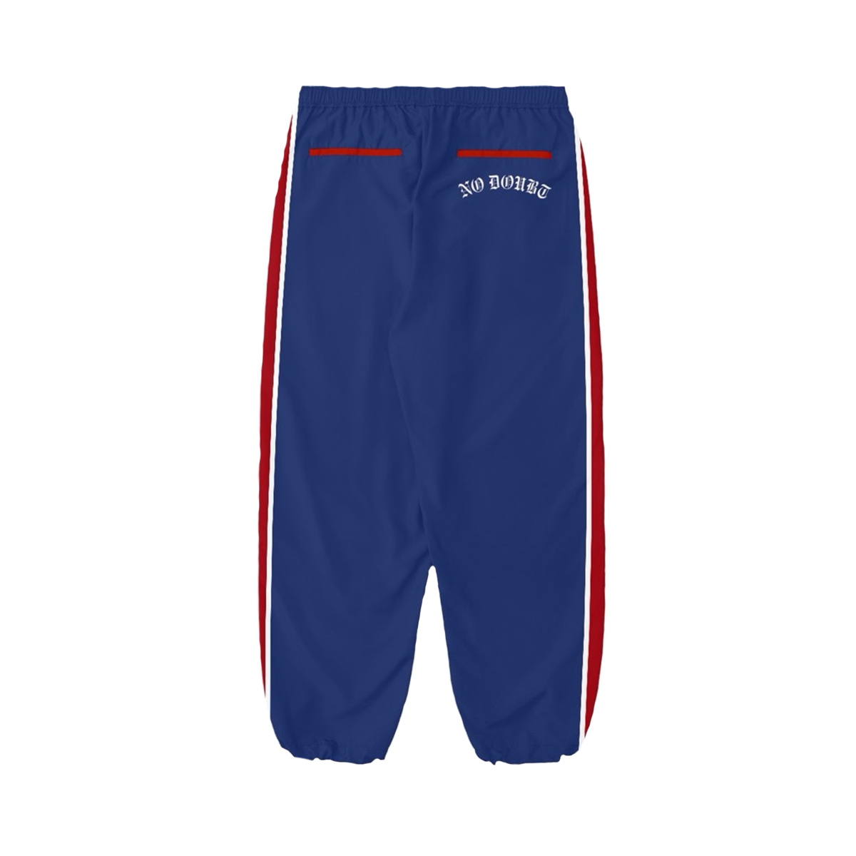 Blue unisex trackpants feature No Doubt logo art on back right pocket, with red and white stripes down the side of each leg.