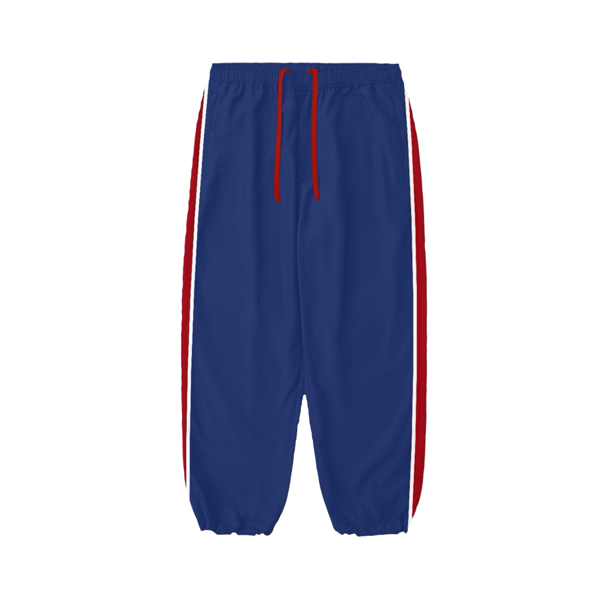 Blue unisex trackpants feature red and white stripes down the side of each leg.