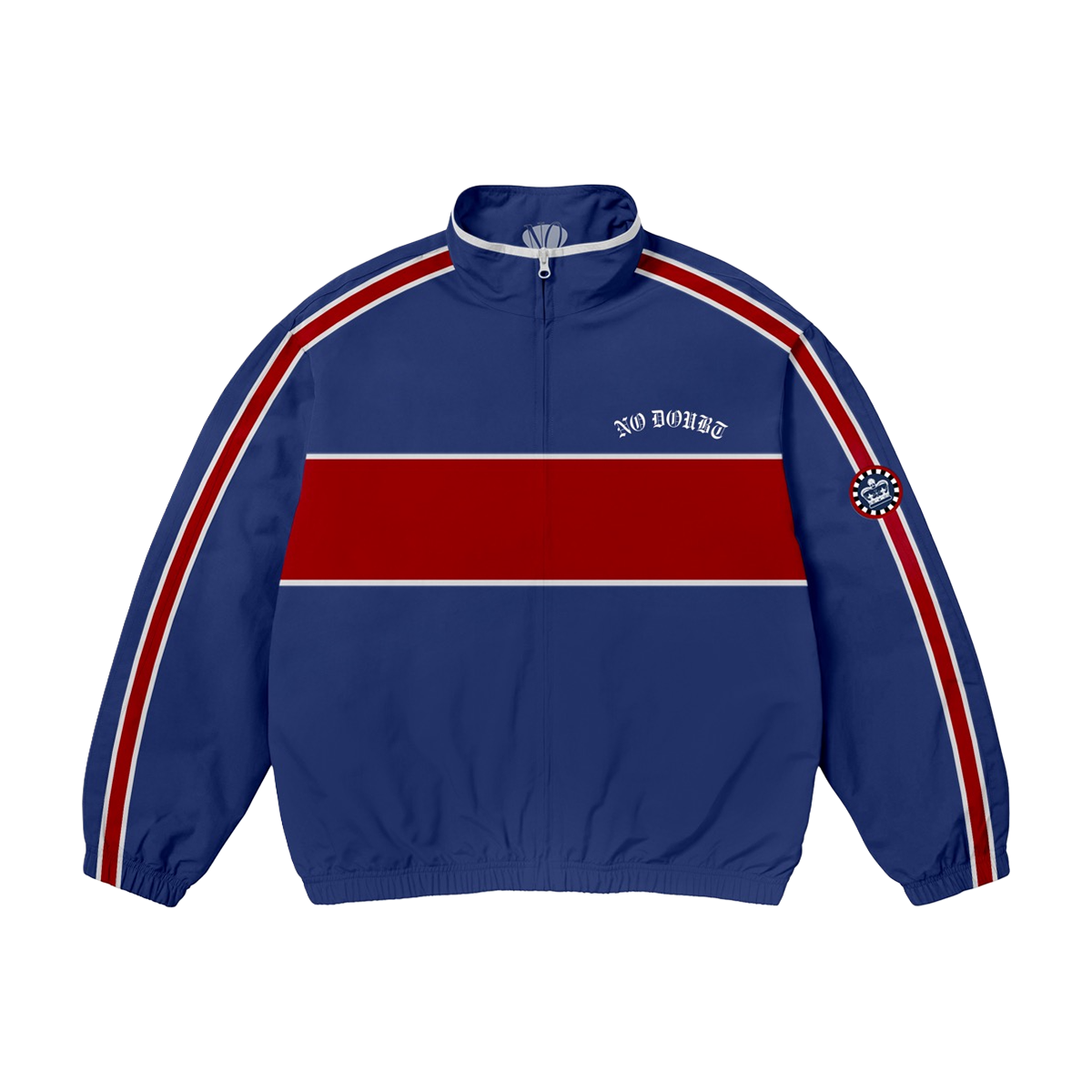 Blue jacket with red and white stripes 