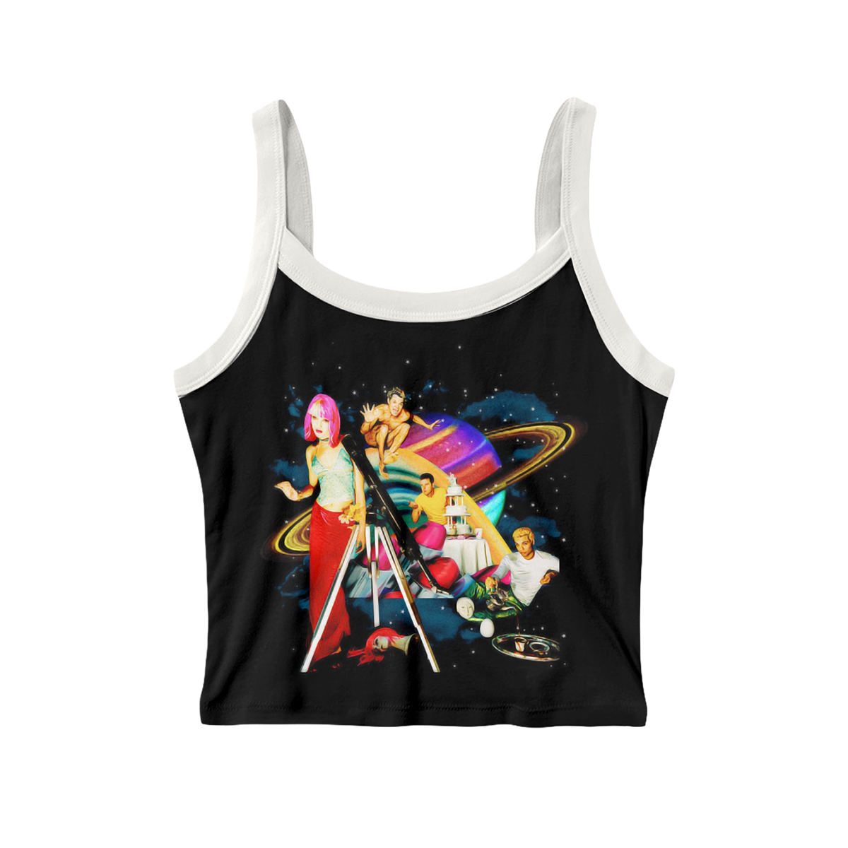 Return of Saturn design featured on the front of a women's black ringer tank, with white accents.