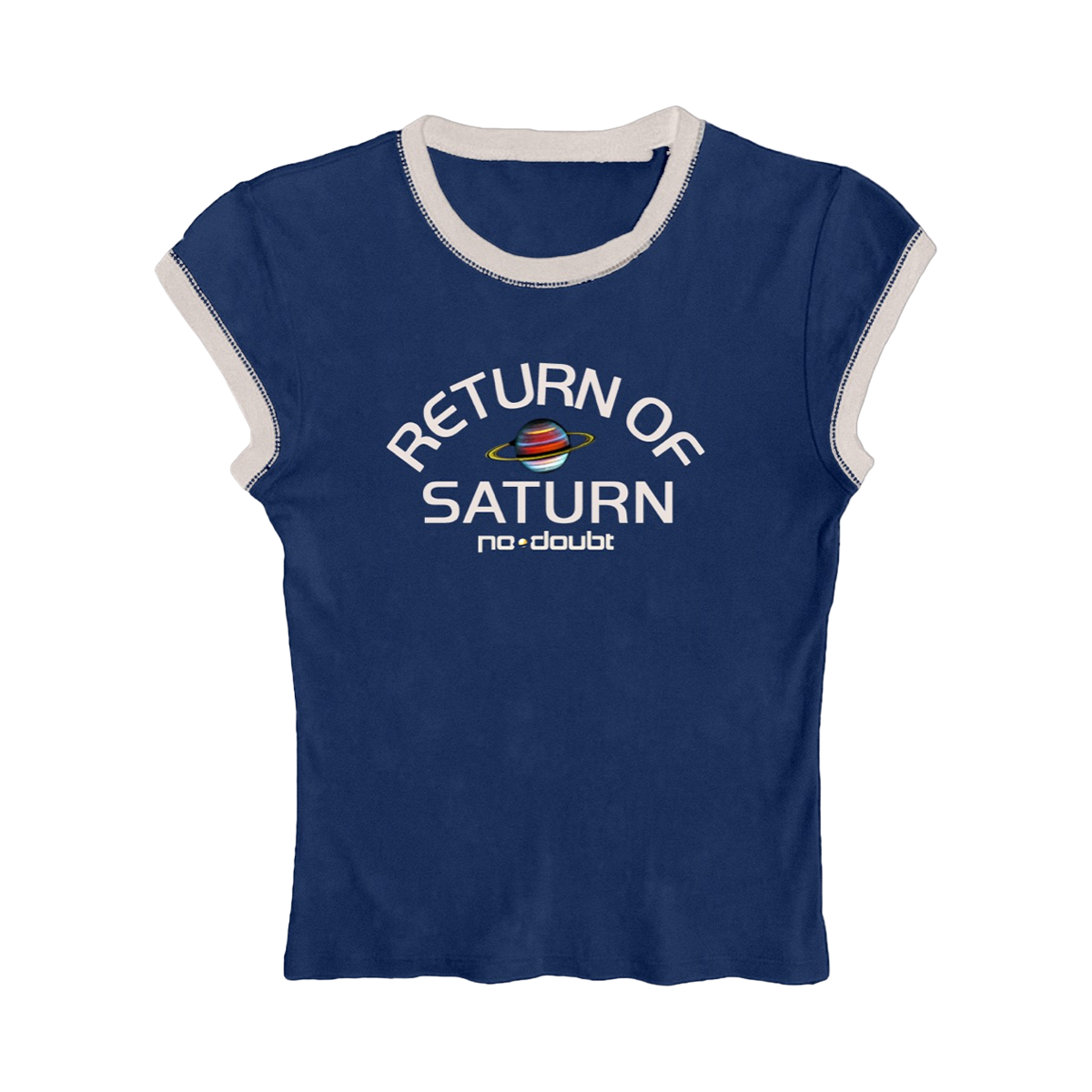 Return of Saturn design featured on the front of a navy women's ringer tee, with white accents.