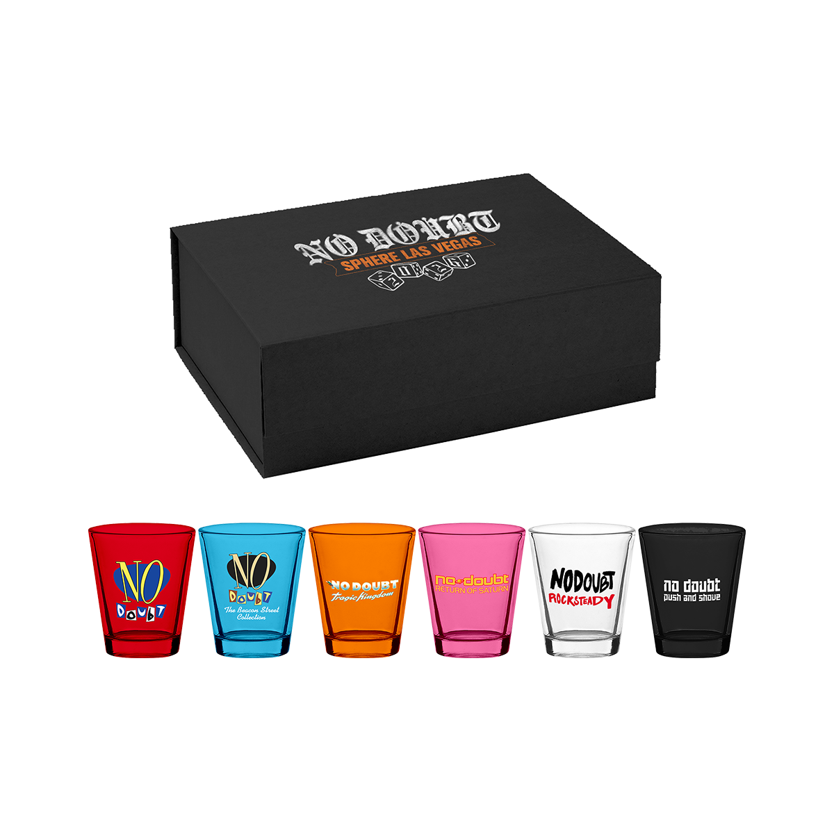 Set of colorful shot glasses with 'No Doubt' branding in a black box. One shot glass represents each No Doubt album.