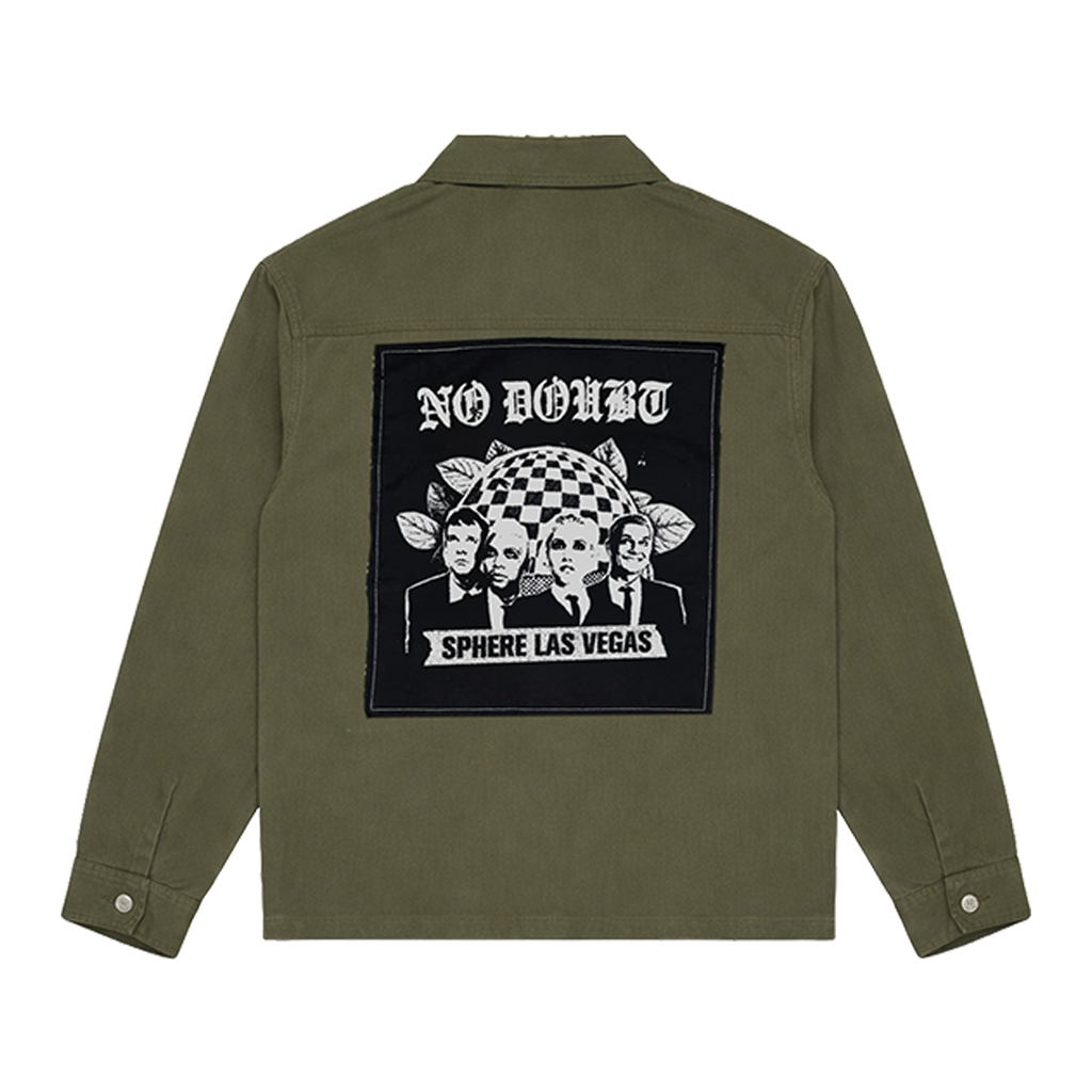 Green jacket with a graphic design on the back featuring 'No Doubt Sphere Las Vegas' 