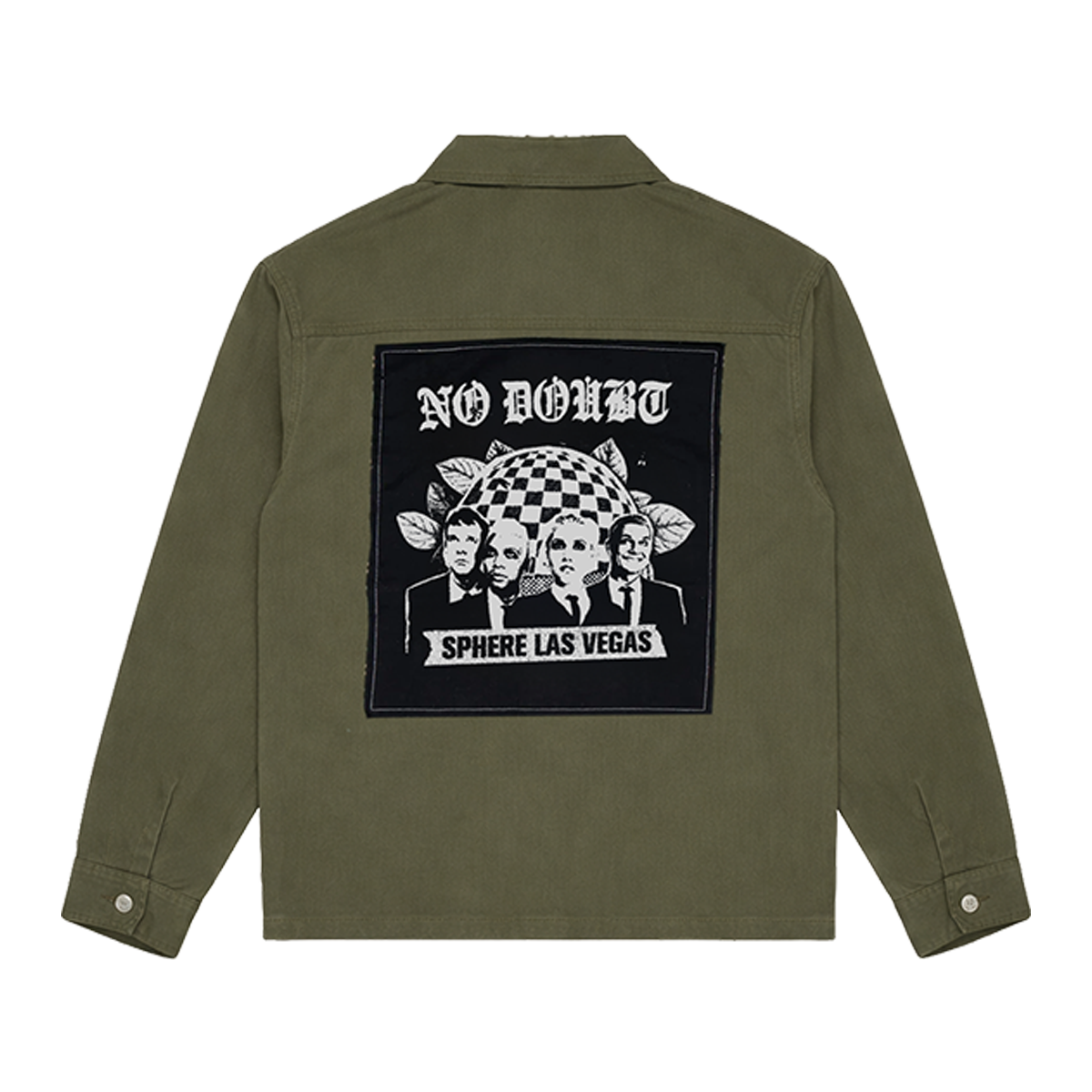 Green jacket with a graphic design on the back featuring 'No Doubt Sphere Las Vegas' 
