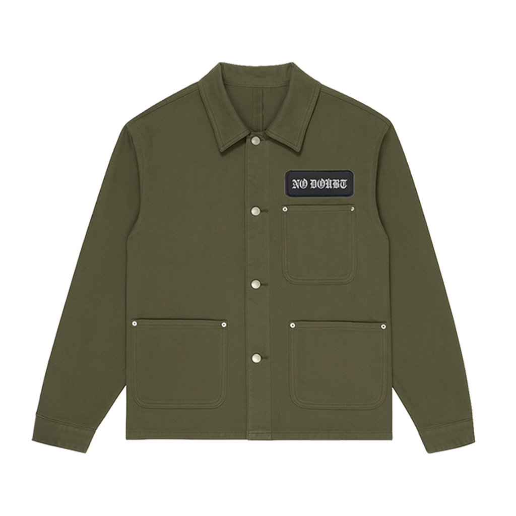 Green jacket with a NO DOUBT patch on front left chest