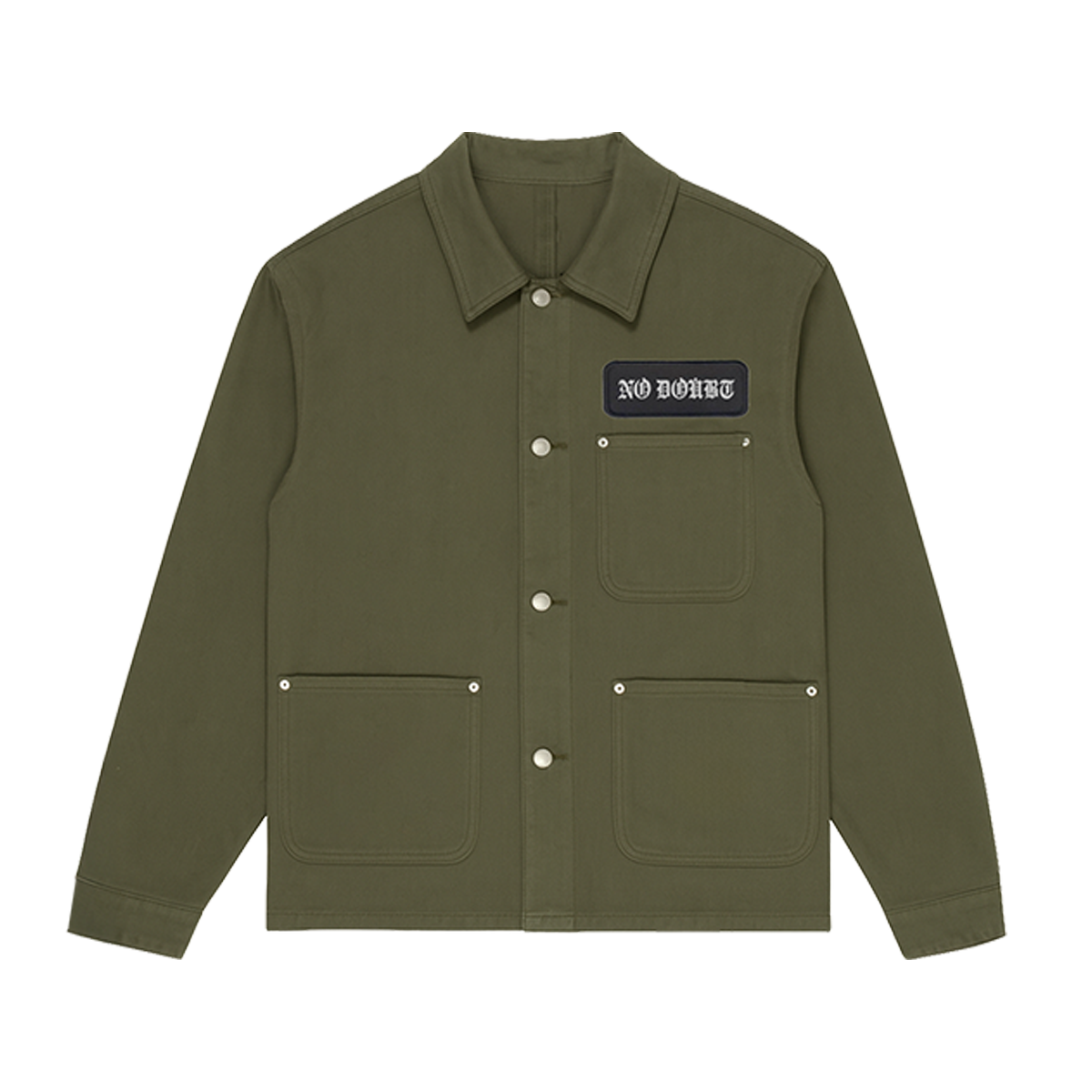Green jacket with a NO DOUBT patch on front left chest