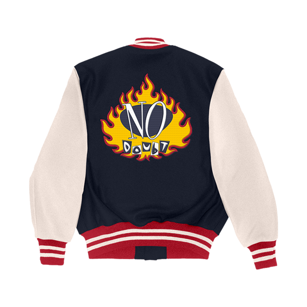 Black and white varsity jacket with flame design and 'NO DOUBT' text on the middle back