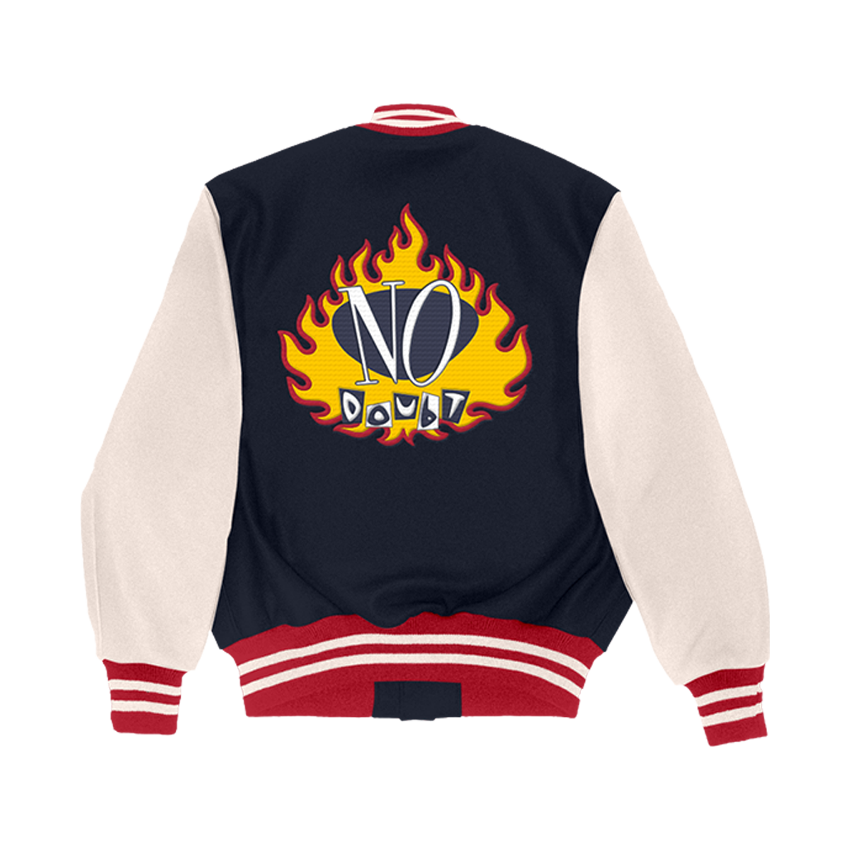 Black and white varsity jacket with flame design and 'NO DOUBT' text on the middle back