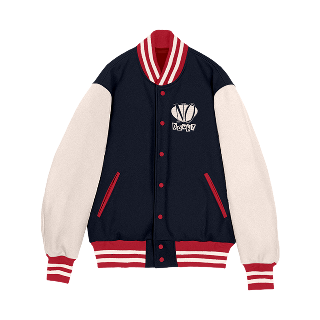 Varsity jacket with black, white, and red colors with NO DOUBT on the front left chest
