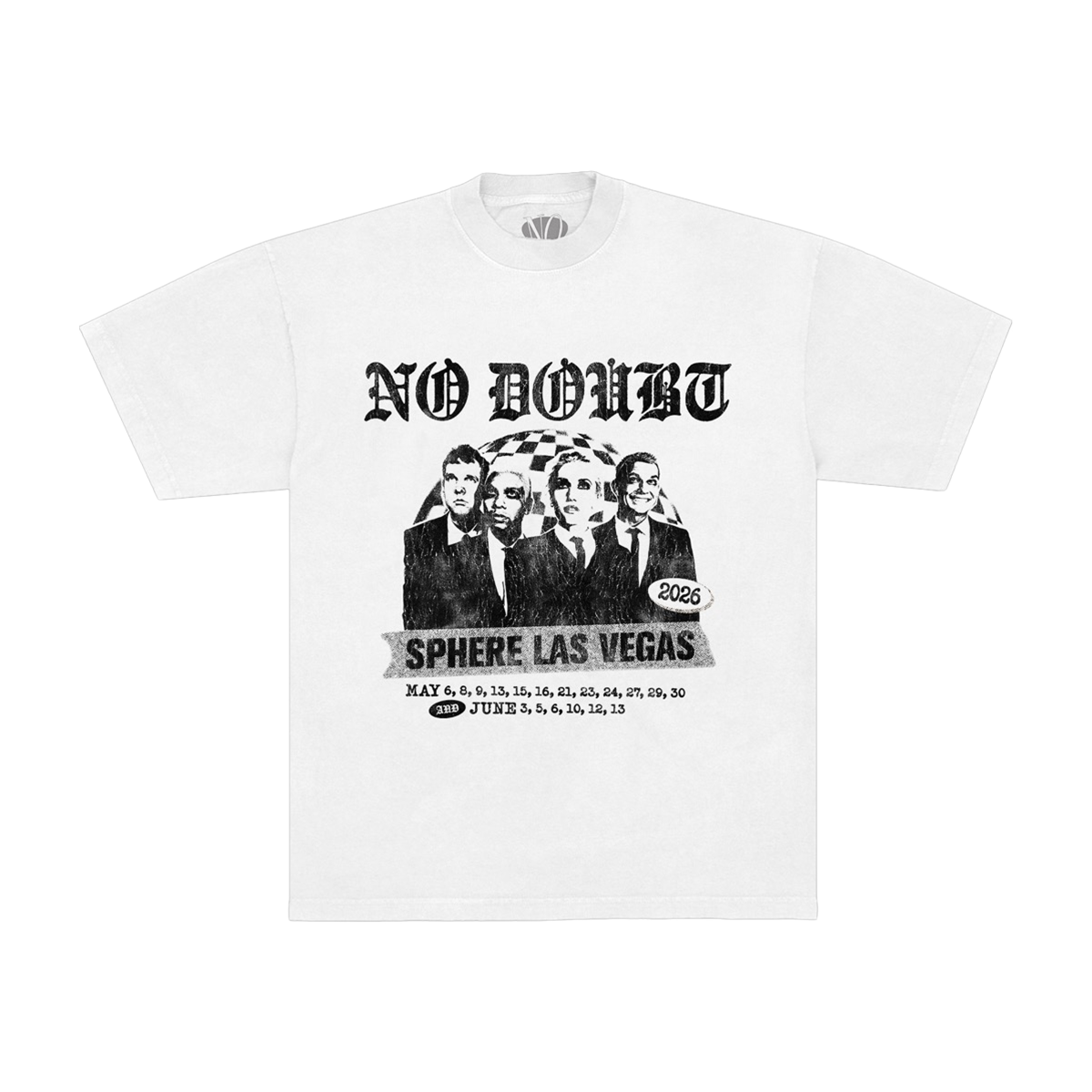 White unisex tee features No Doubt Sphere art and show dates on front.