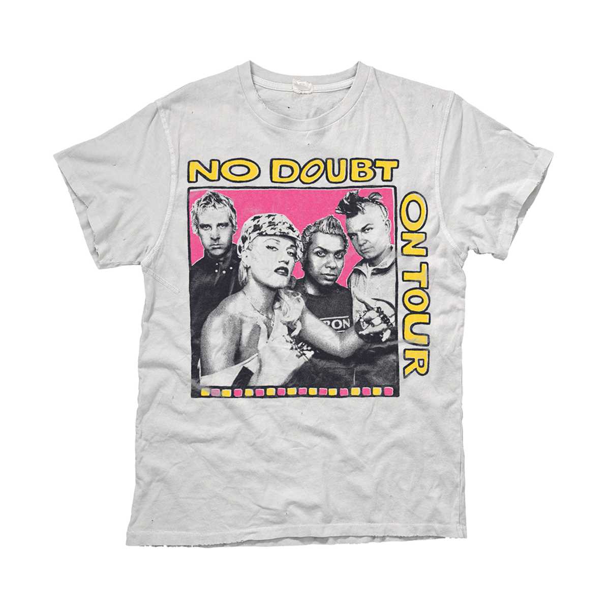 White unisex tee features No Doubt On Tour group photo multicolor art on front.