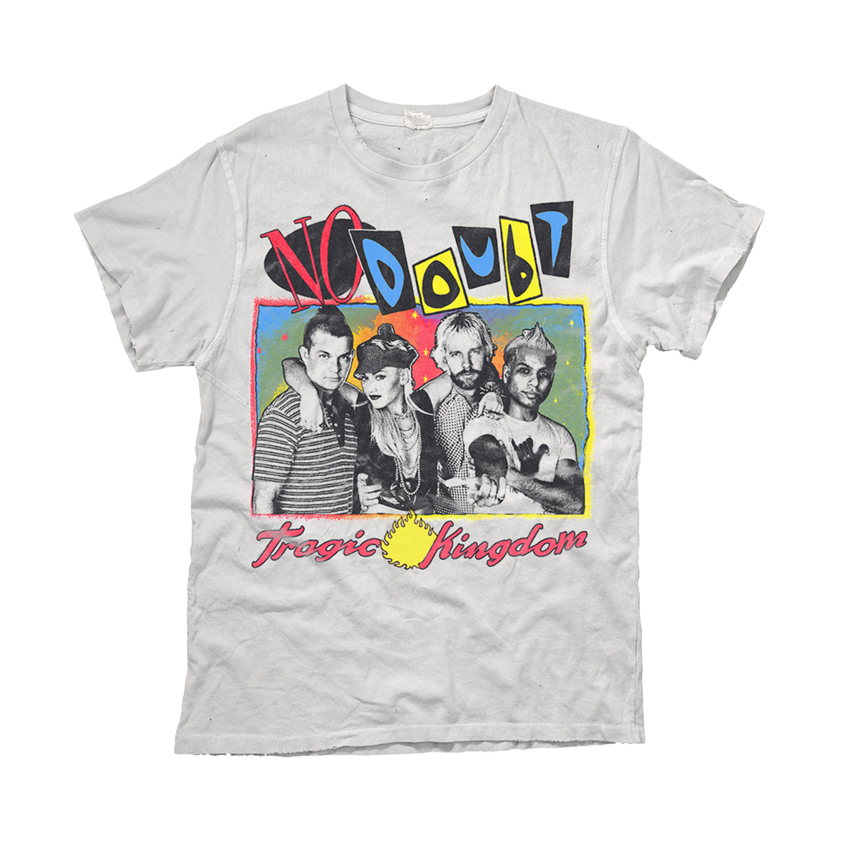White unisex tee features No Doubt Tragic Kingdom group photo multicolor art on front.