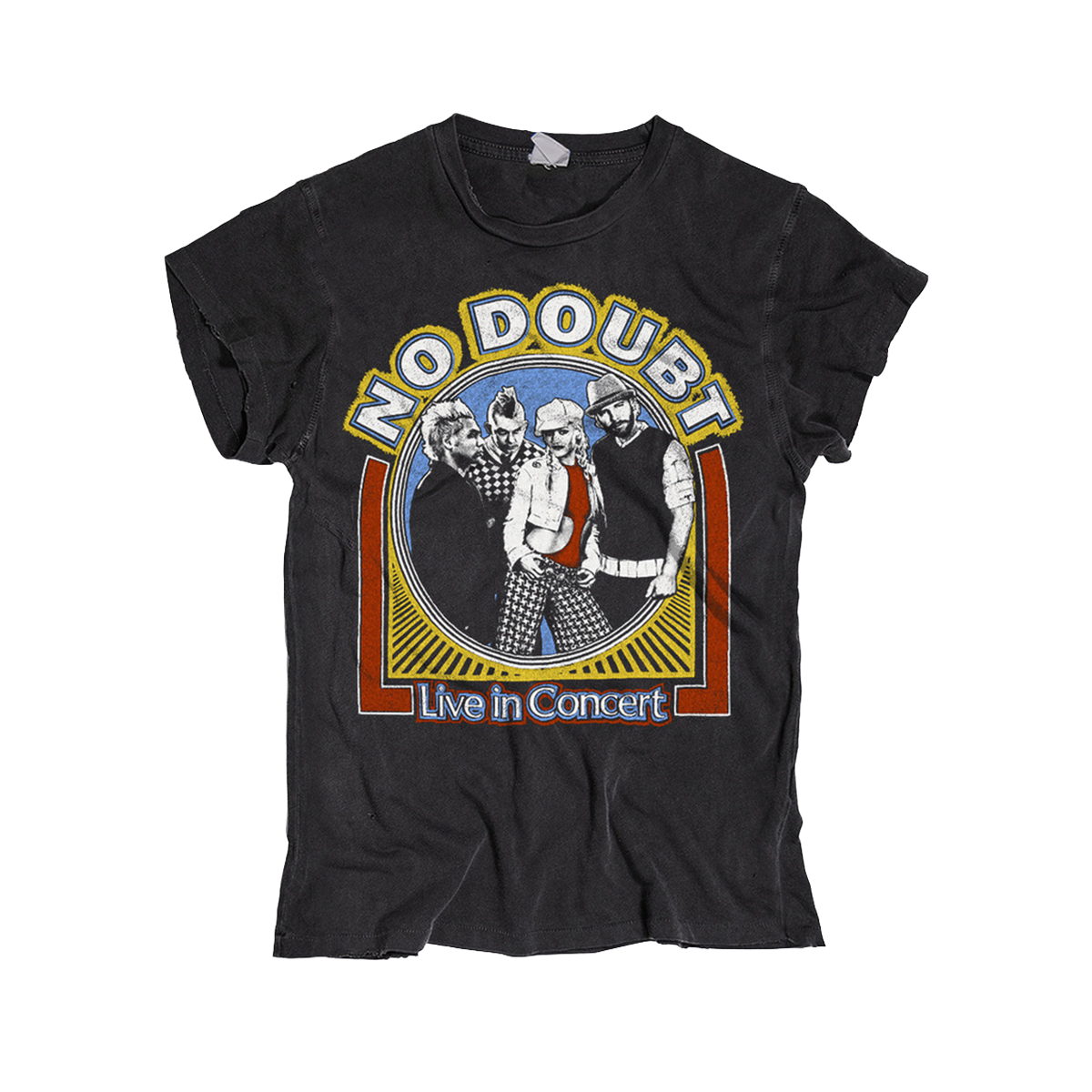 Black unisex tee features No Doubt Live in Concert group photo multicolor art on front.