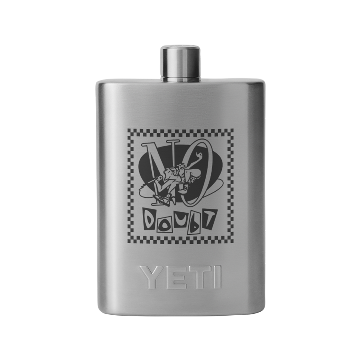 Metal flask with a logo and 'YETI' branding 