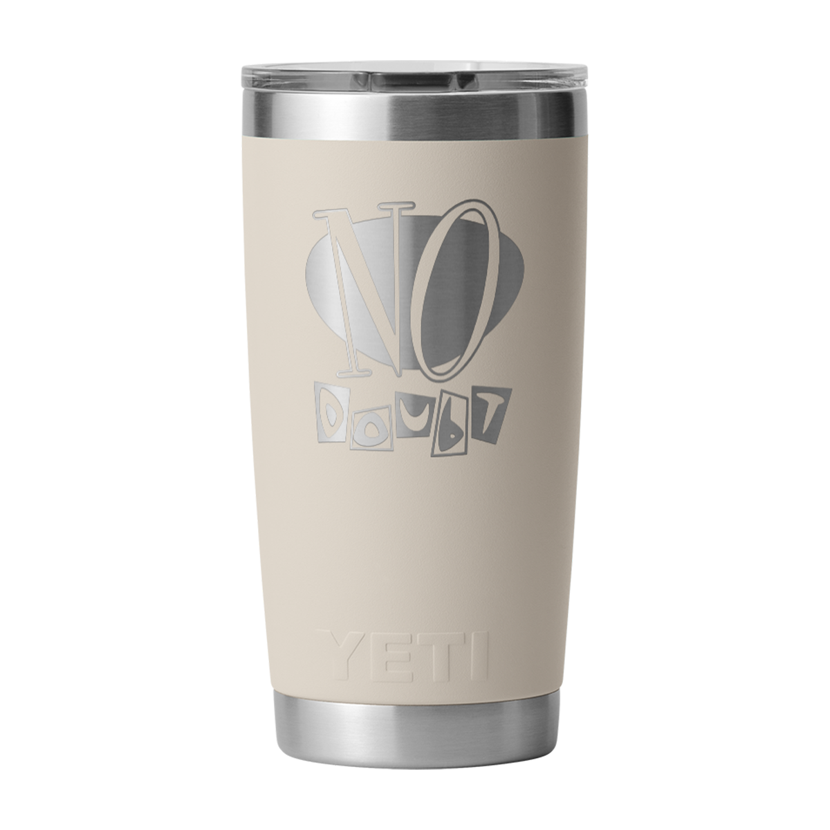 Beige YETI tumbler with 'No Doubt' text on 