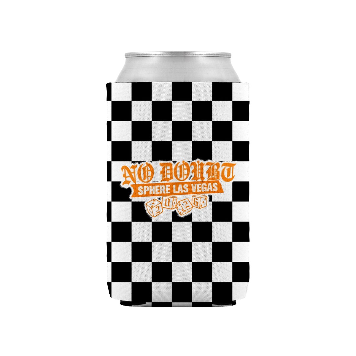 Black and white checkered koozie features orange No Doubt Sphere Las Vegas logo artwork.