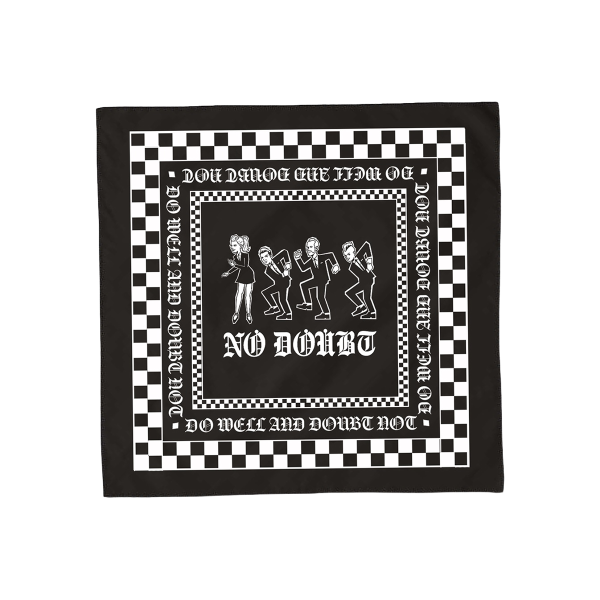 Black bandana featuring No Doubt cartoon art allover print.
