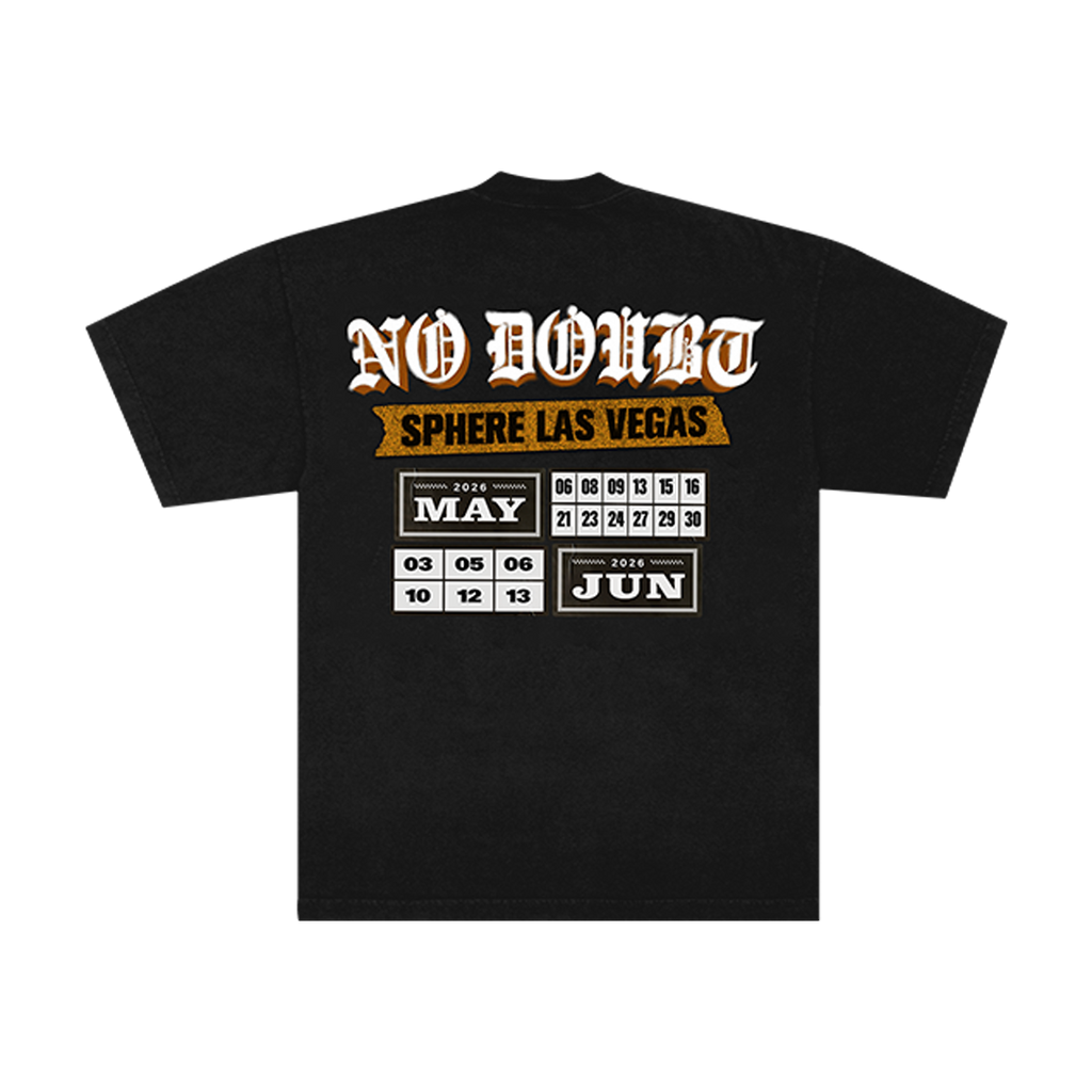 Back of a black unisex t-shirt with 'NO DOUBT' and 'Sphere Las Vegas' text and show dates