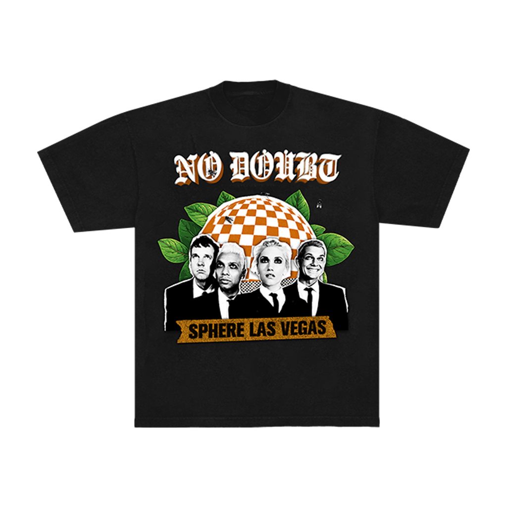 Front of a black unisex t-shirt with graphic design featuring No Doubt members and Sphere Las Vegas text art.