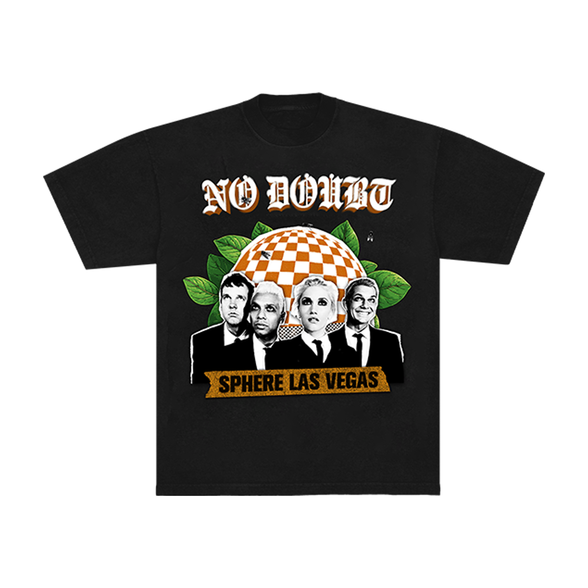 Front of a black unisex t-shirt with graphic design featuring No Doubt members and Sphere Las Vegas text art.