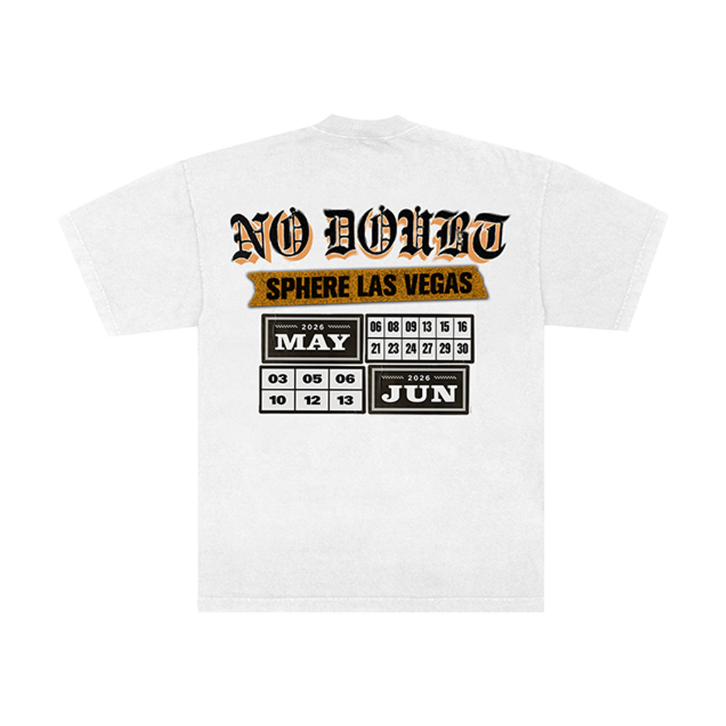 Back of a white unisex t-shirt with 'NO DOUBT' and 'SPHERE LAS VEGAS' text and dates