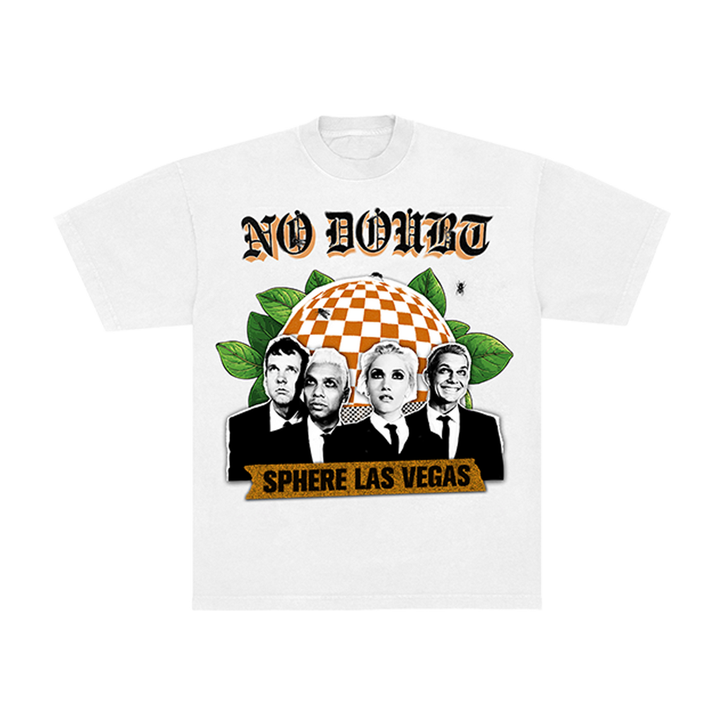 Front of a white unisex t-shirt with graphic design featuring No Doubt members and text 'NO DOUBT SPHERE LAS VEGAS'