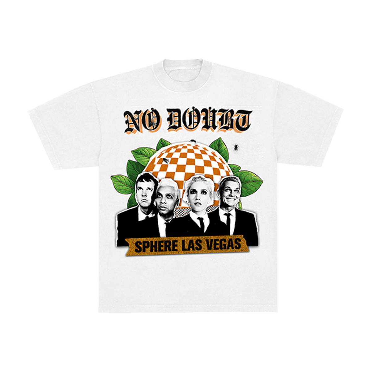 Front of a white unisex t-shirt with graphic design featuring No Doubt members and text 'NO DOUBT SPHERE LAS VEGAS'