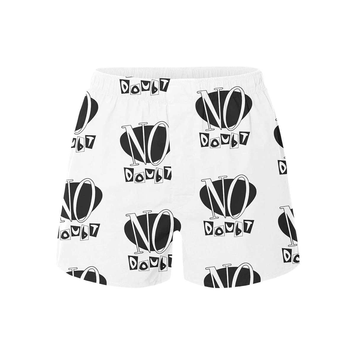 White shorts with black 'NO DOUBT' repeating