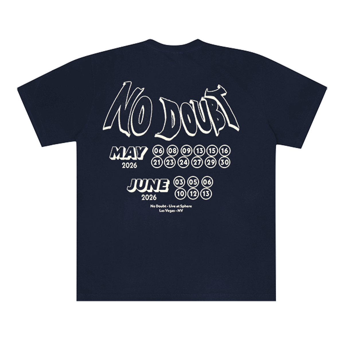 Navy unisex tee features Las Vegas 2026 show dates printed on back.