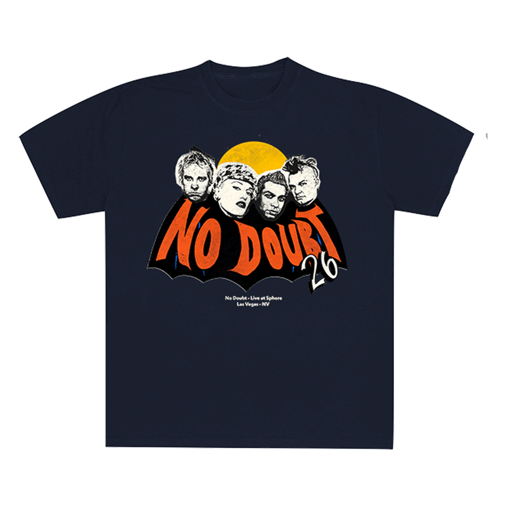 Navy unisex tee features No Doubt group photo bat logo art printed on front.