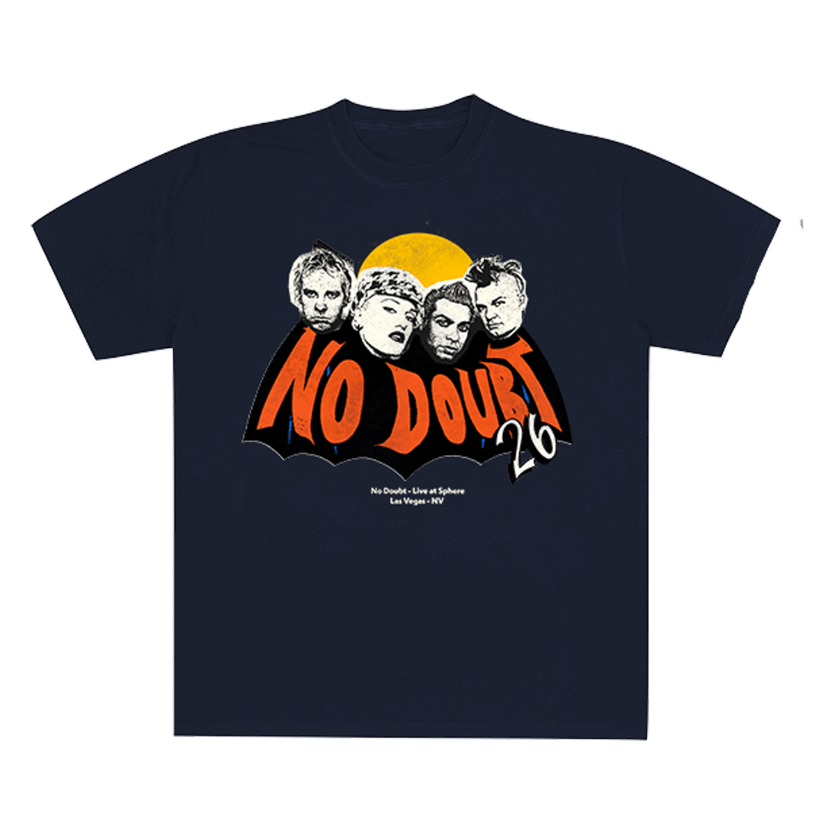 Navy unisex tee features No Doubt group photo bat logo art printed on front.