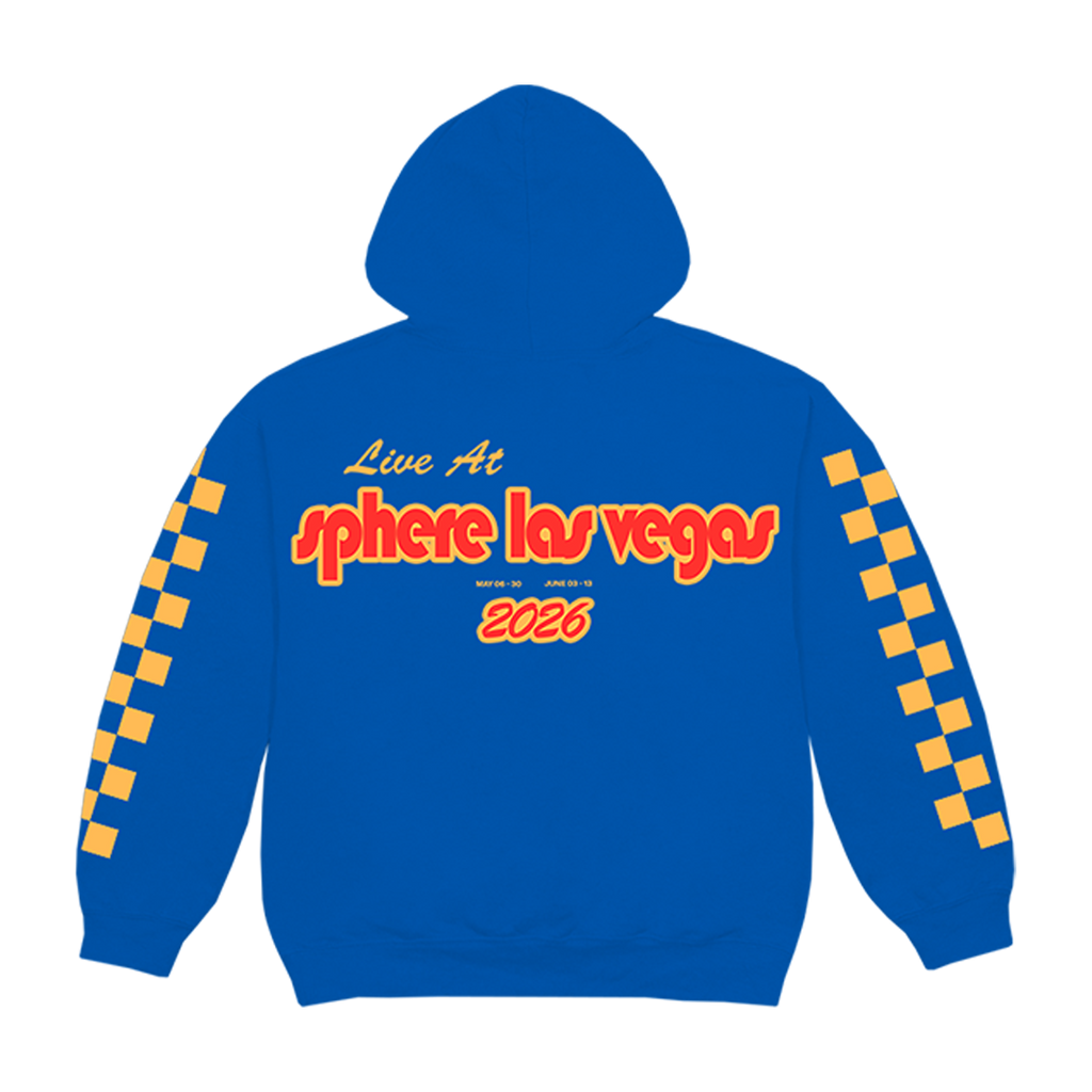 Blue unisex hoodie features Sphere Las Vegas text art on back.