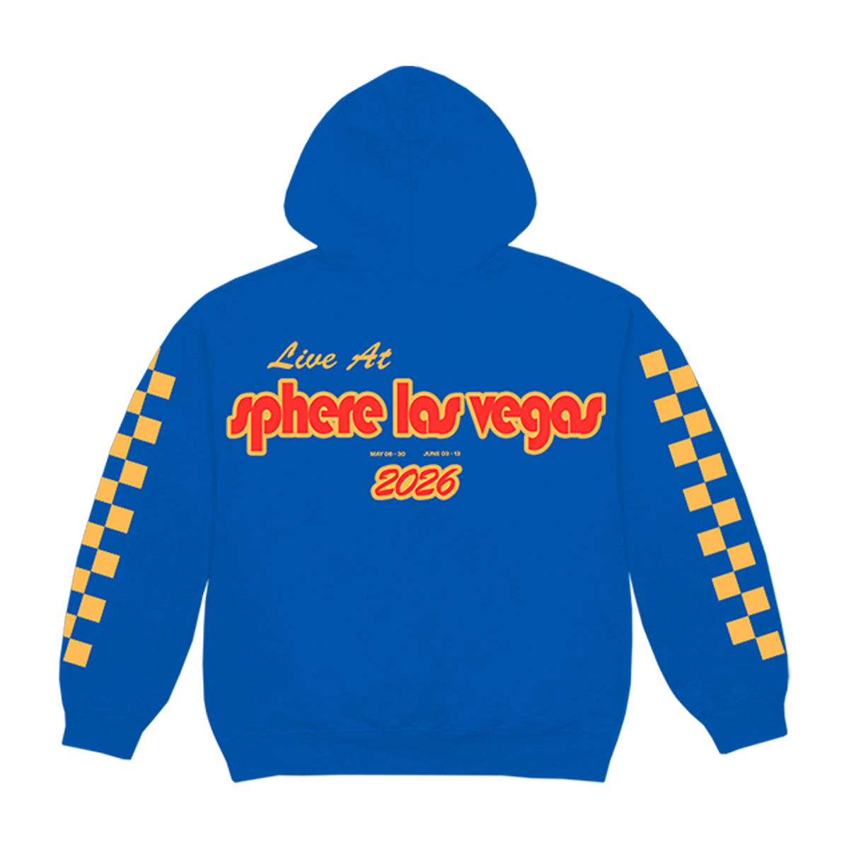 Blue unisex hoodie features Sphere Las Vegas text art on back.