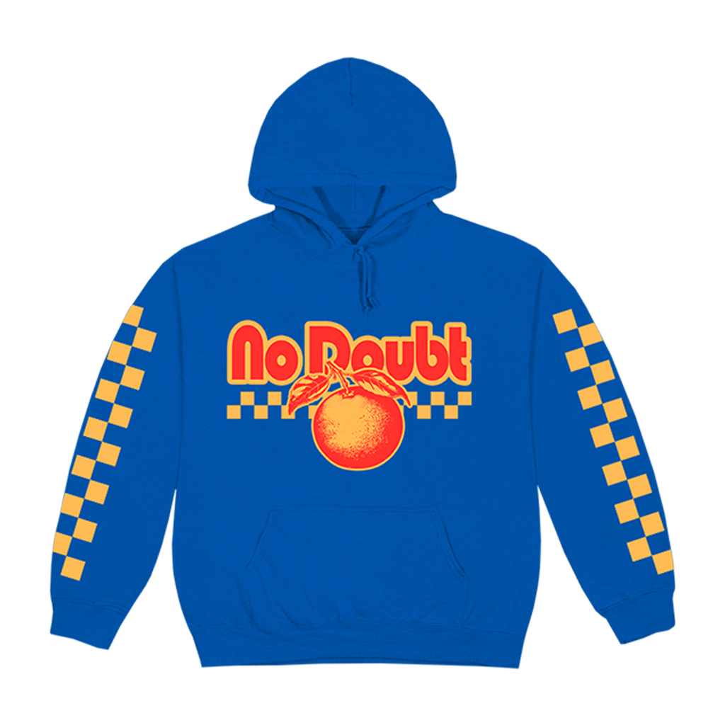 Blue unisex hoodie features No Doubt orange logo art on front, checker design on both sleeves.