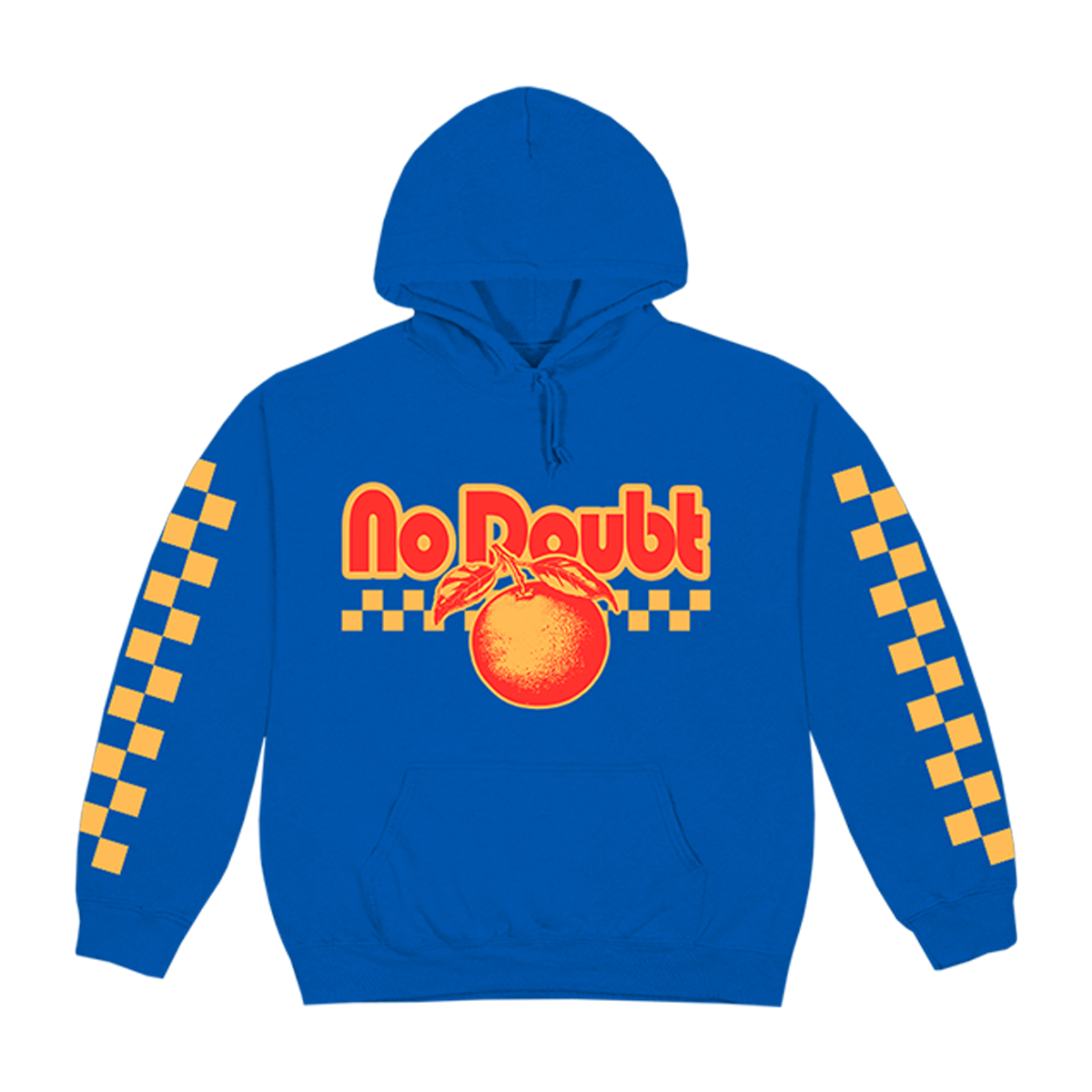 Blue unisex hoodie features No Doubt orange logo art on front, checker design on both sleeves.