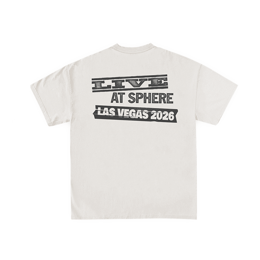 White unisex tee features "Live at Sphere Las Vegas 2026" text art on back.